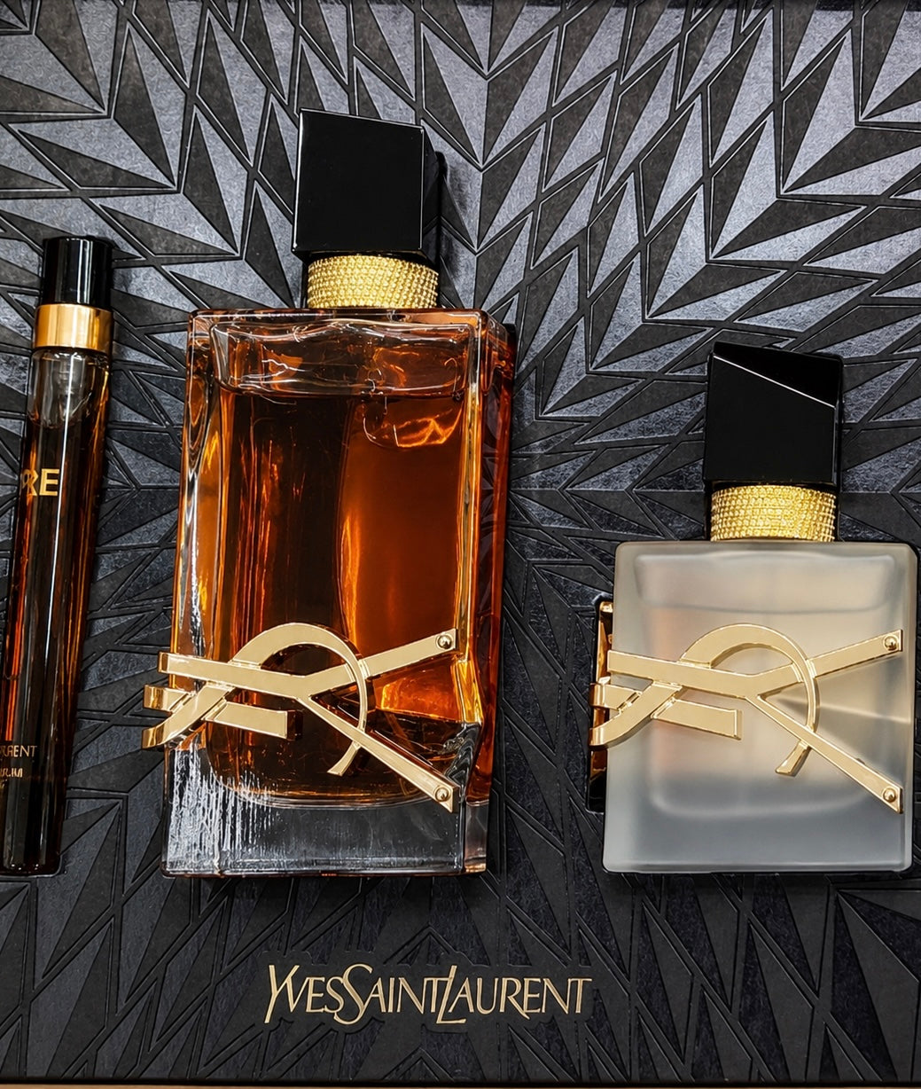 Yves Saint Laurent Libre Intense 
Gift Set includes 
* Libre Intense Eau de Parfum – 90ml
* Libre Hair Mist – 30ml
* Libre Intense Travel Spray – 10ml