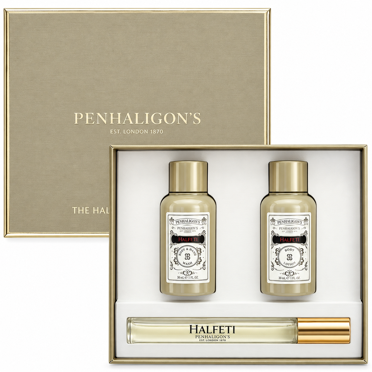 Penhaligon’s Halfeti Gift Set – 10ml Eau de Parfum Travel Spray, 30ml Body Wash & 30ml Body Lotion